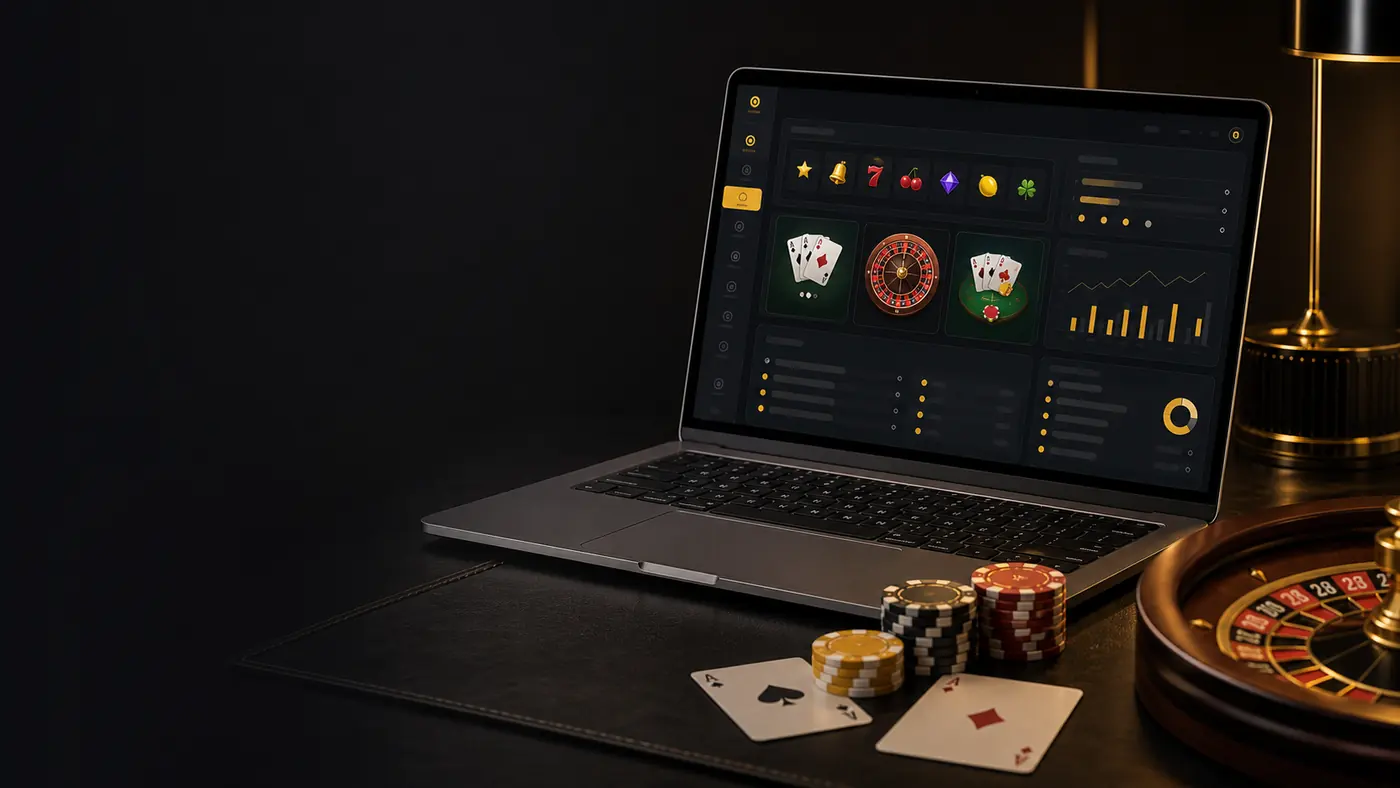Digital casino lobby software shown on a laptop with slots and table games