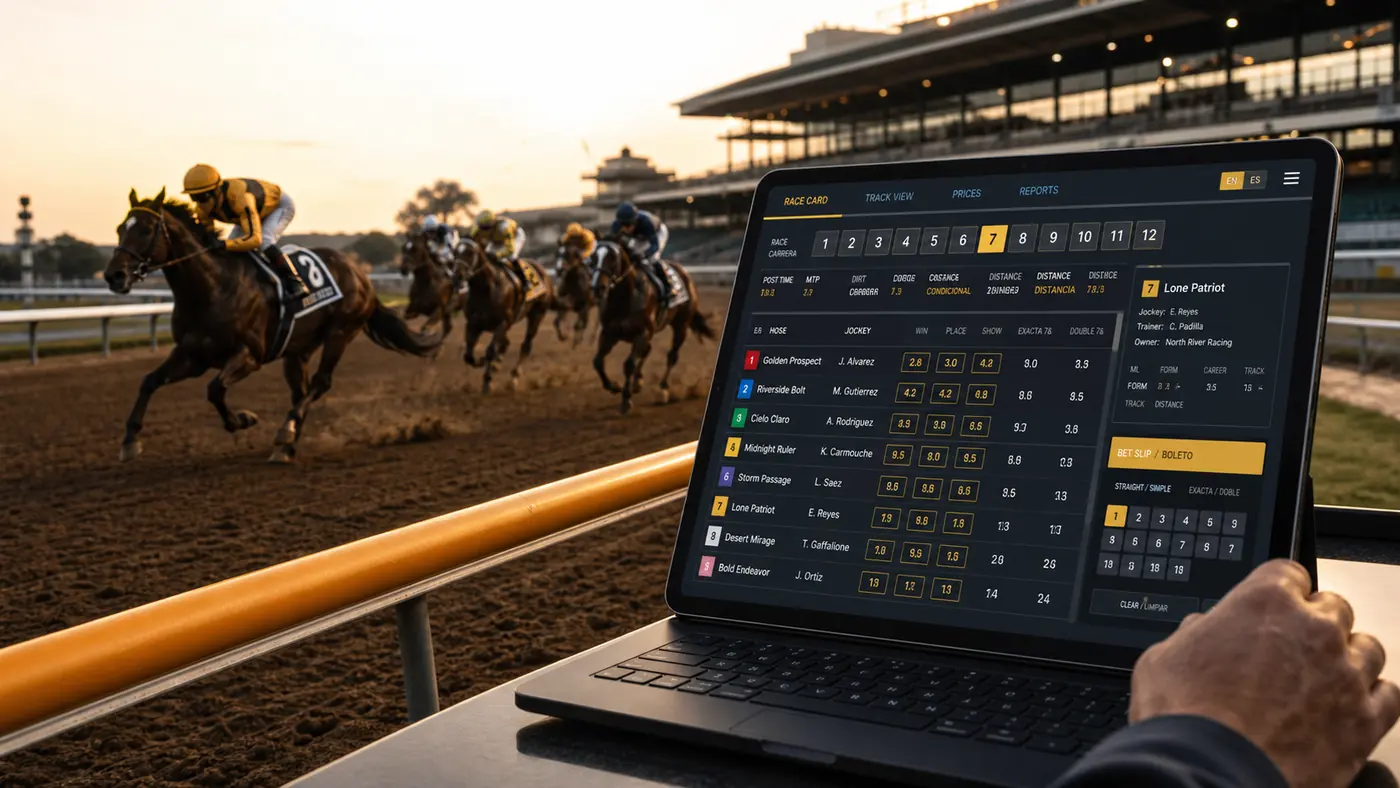 Horse racing racebook software shown beside a live race at the track