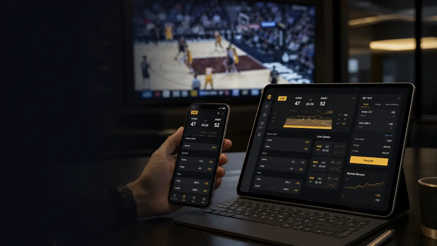 Live betting software shown on mobile and tablet during a basketball game