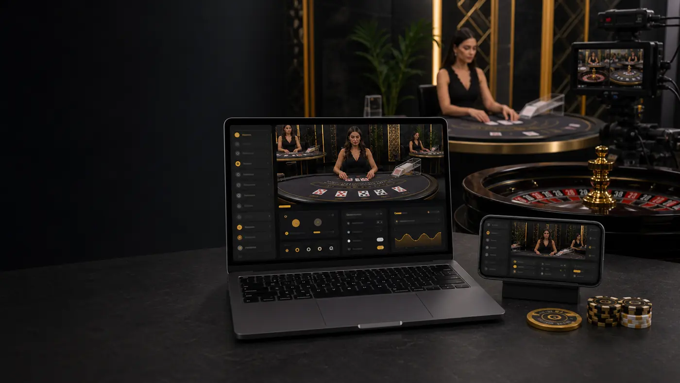 Live casino software shown on a laptop and phone beside streamed table games