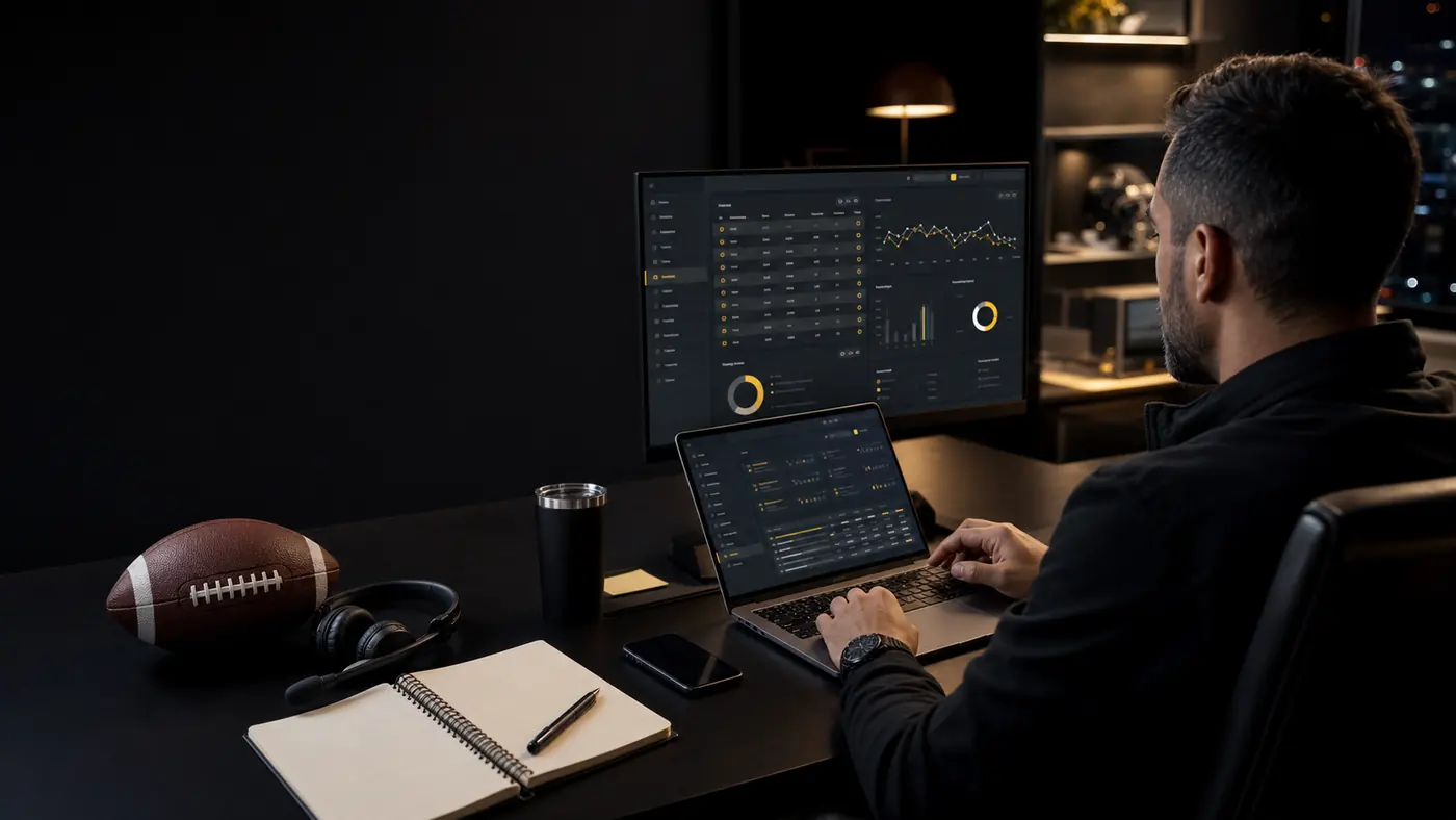 Agent reviewing sportsbook software dashboards on laptop and monitor