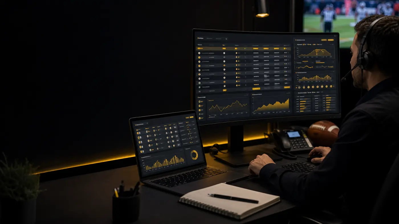 Agent monitoring sportsbook software dashboards during a football game