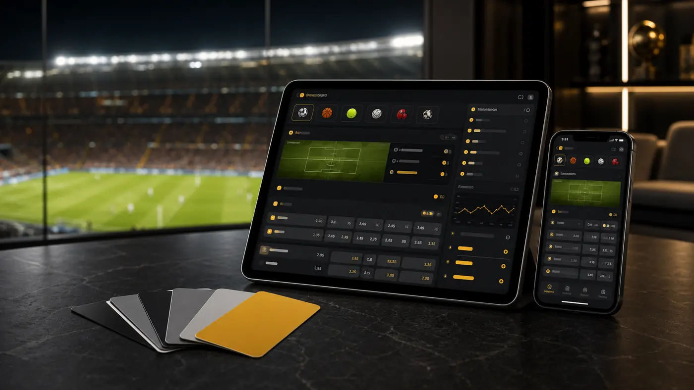 White-label sportsbook launch kit shown on tablet and phone inside a stadium suite